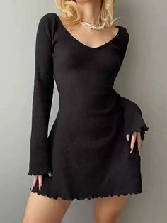 Olivia Mark - High-Quality Cotton Ribbed Short Skirt with Stylish Long Sleeves, Waist-Cinching Design and Bodycon Fit Dress Black Dress Outfit Winter, Short Black Dress Long Sleeves, Winter Dress Outfits, Black Dress Outfits, Woman Dress, Black Short Dress, Long Sleeve Short Dress, Black Long Sleeve Dress, Ribbed Dresses