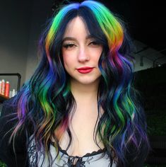 This custom colored wig is 20 in length and is 100% human hair. This wig is safe to be washed and styled but would HIGHLY recommend washing in ice cold water to prevent colors from bleeding and premature fadeout. Long Vivid Hair, Pinwheel Hair Color Ideas, Split Dyed Hair Ideas, Black And Rainbow Hair, Chunky Highlight, Pinwheel Hair Color, Unnatural Hair Color, Ice Cold Water, Holographic Hair