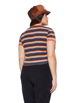 cuz you would never tell Slugworth. This tee has a washed striped design, a contrast colored trim, short sleeves, Willy Wonka embroidered patch on the front, and a cropped fit. Casual Short Sleeve T-shirt With Striped Collar, Multicolor Crew Neck Top With Contrast Stripes, Black Short Sleeve Top With Striped Hem, Casual Short Sleeve Tops With Striped Hem, Multicolor Short Sleeve Tops With Contrast Stripes, Short Sleeve Multicolor Top With Contrast Stripes, Multicolor Contrast Stripes Short Sleeve Top, Casual Multicolor Tops With Striped Collar, Trendy Cotton T-shirt With Contrast Stripes