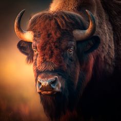 a bison with large horns standing in the grass