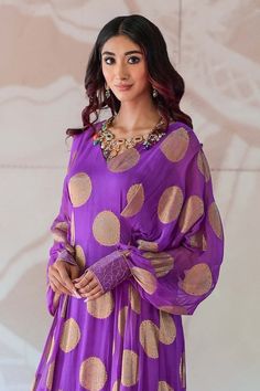 Purple kaftan dress with floral woven motifs and scattered cutdana embroidery on sleeves. - Aza Fashions Designer V-neck Dresses With Zari Work, Semi-stitched Long Sleeve Kaftan For Festive Occasions, Sheer Dupatta Dress With Cape Sleeves For Diwali, Designer Wear Dresses With Dupatta And Cape Sleeves, Diwali Dresses With Sheer Dupatta And Cape Sleeves, Designer Dresses With Dupatta And Cape Sleeves, Navratri Dresses With Cape Sleeves, Designer Festive Dress With Cape Sleeves, Festive Designer Dress With Cape Sleeves