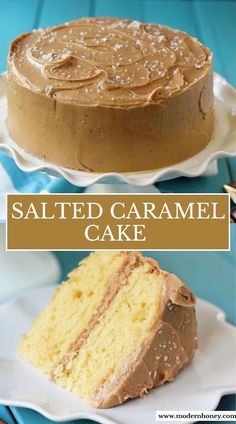 a cake that is sitting on top of a plate with the words salted caramel cake