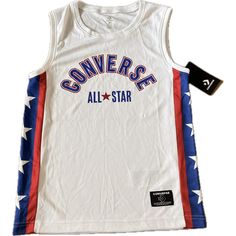 Converse All Star Sports Basketball Jersey, Casual Sleeveless Vest, Quick-Drying Tank Tops For Training Competition Size M (140-152 Cm) Ideal For Boys 10 - 12 Years 100% Polyester. Color White, Red, White And Blue Converse Label New With Tag Non-Smoking And Pet-Free Home Thank You! A9 White Cotton Sporty Tank Top, White Racerback Top For Streetwear, Summer Sportswear Tops For Playwear, White Moisture-wicking Basketball Top, Summer White Vest With Letter Print, White Summer Vest With Letter Print, White Moisture-wicking Racerback Top, White Sportswear Tank Top For Streetwear, White Sportswear Tops For Play