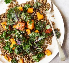 a white plate topped with lentils, carrots and other vegetables next to a fork