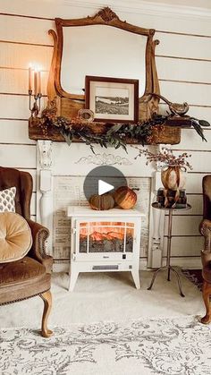 a living room filled with furniture and a fire place in front of a mirror on the wall