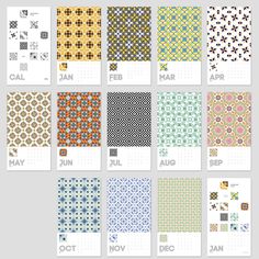 calendars with different patterns and colors for each month, including the date on one page