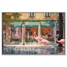 two pink flamingos are standing in front of a store with their reflection on the water