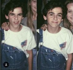 two pictures of a boy with overalls and an american flag t - shirt on