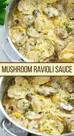 mushroom ravioli sauce in a pan with parsley on top and the title above it