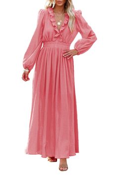 Ruffled V Neck Empire Waist Maxi Dress Feminine Flowy Long Sleeve Ruffle Dress, Billowy Long Sleeve Maxi Dress With Ruffles, Pink Long Sleeve Ruffle Dress For Spring, Billowy Solid Dress For Spring, Spring Solid Color Billowy Dress, Spring Billowy Solid Color Dress, Fall Ruffled Solid Maxi Dress, Fall Maxi Dress With Ruffles, Fall Solid Color Ruffled Maxi Dress