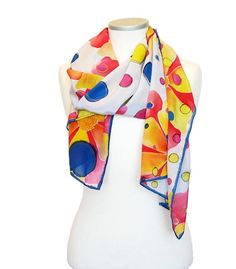 Colorful Floral silk scarf hand painted Bohemian Tie Dye Scarves, Bohemian Tie-dye Scarves, Multicolor Silk Scarf With Abstract Print For Spring, Casual Multicolor Silk Scarf, Artistic Summer Beach Scarves, Artistic Beach Scarves For Summer, Trendy Multicolor Silk Scarf For Spring, White Artistic Scarves, Multicolor Artsy Silk Scarf For Spring