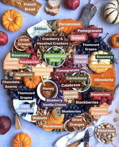 a plate filled with lots of different types of food on top of a blue surface