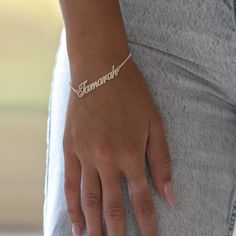 "This name bracelet is the new trend and unique gift idea. This is the perfect gift for mothers day, wedding, anniversary, birthday, graduate student etc. we made this necklace from 0.925 sterling silver or brass with gold, rose gold and silver finish. ✅ INFO ABOUT THIS ITEM: * Material: Sterling Silver 925 / Gold Finish Over Sterling Silver 925 / Rose Gold Finish Over Sterling Silver 925 / Silver Finish Over Brass / Gold Finish Over Brass / Rose Gold Finish Over Brass * Chain length: 4.5\", 5\" Bracelet Names, Names Bracelet, Nameplate Bracelet, Bracelet For Her, Bracelet Christmas, Word Bracelet, Christmas Gifts For Wife, Mama Gifts, Name Jewelry