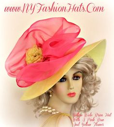 Women's Yellow Dressy Designer Wide Brim Kentucky Derby Horse Racing Hat, With A Hot Pink Organza Bow, And Yellow Flower. This Custom Made Hat, Millinery Accessory, Is Suited To Wear For Horse Racing Events, The Kentucky Derby, Church, Temple, Tea Parties, Spring Charity Events, And Special Occasion. By www.NYFashionHats.Com Special Occasion Hats, Mother Of The Bride Hats, Church Lady Hats, Barbie Hat, Custom Made Hats, Royal Ascot Hats, Occasion Hats, Couture Hats, Luxury Hats