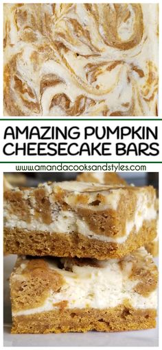 pumpkin cheesecake bars stacked on top of each other with the words amazing pumpkin cheesecake bars