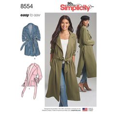 Misses and Misses Petite Coats and Jackets.Simplicity Sewing Pattern 8554.From the 'Easy to Sew' range.Sized for miss and miss petite, easy to sew soft trench and jacket are the perfect layering pieces. Length options include short, mid and long with side slits with optional pockets and ties.Recommended fabricsChallis, Chambray, Crepe, soft lightweight Linen Types, Silky Types. Extra fabric needed to match plaids, stripes or one-way design fabrics. Petite Coats, Jacket Sewing, Trench Dress, Jacket Pattern Sewing, Petite Coat, Simplicity Sewing, Easy Sewing Patterns, Coat Patterns, Simplicity Sewing Patterns