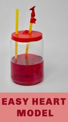 an easy heart model for kids to make with red liquid and yellow sticks in a jar