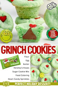 an advertisement for some kind of dessert with green frosting and red hearts on it