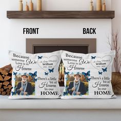 two personalized pillow cases sitting on top of a fireplace