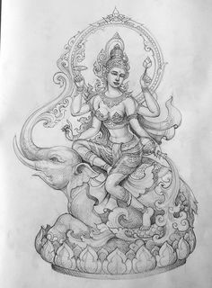 a pencil drawing of a buddha sitting on top of an elephant with its trunk in the air