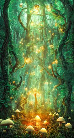 a forest filled with lots of mushrooms surrounded by green trees and glowing lights in the sky