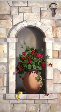 a painting of a potted plant with red flowers in it on a stone wall