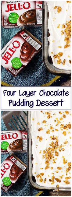 four layer chocolate pudding dessert in plastic containers with text overlay that reads, four layer chocolate pudding desert