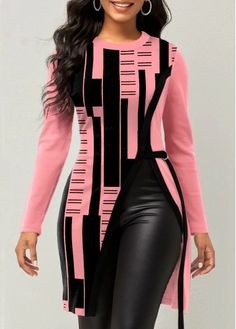 ROTITA Geometric Print Pink Round Neck T Shirt | Rotita.com - USD $31.98 Botana Oil For Hair, Pink Stretch Patchwork Tops, Fitted Tops With Geometric Pattern For Spring, Fitted Spring Tops With Geometric Pattern, Fitted Geometric Pattern Tops For Spring, Fitted Trendy Tops With Geometric Pattern, Fitted Black Top With Geometric Pattern, Trendy Long Sleeve Tops With Geometric Pattern, Trendy Fitted Tops With Geometric Pattern