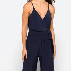 Navy Jumpsuit. Spaghetti Straps, Ties At Waist. Cute With Sneakers Or Heels For A More Formal Look! Elegant Blue Jumpsuit For Summer, Blue Spaghetti Strap Jumpsuit For Party, Blue Cotton Non-stretch Jumpsuits And Rompers, Blue V-neck Relaxed Fit Jumpsuit, Navy Jumpsuit, Formal Look, Tie Waist Jumpsuit, Black And White Shorts, Wide Leg Romper