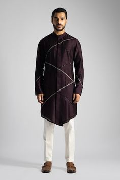 Plum kurta featuring embroidered two tone sequin cross motifs across front panels. Comes with pant. - Aza Fashions Traditional Bandhgala With Geometric Embroidery For Eid, Festive Cotton Traditional Wear With Geometric Embroidery, Fitted Kurta With Geometric Embroidery For Eid, Festive Bandhgala With Geometric Embroidery For Eid, Festive Eid Bandhgala With Geometric Embroidery, Designer Geometric Embroidered Fitted Kurta, Festive Sherwani With Geometric Embroidery And Long Sleeves, Festive Long Sleeve Sherwani With Geometric Embroidery, Festive Fitted Traditional Wear With Embroidery