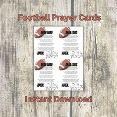 football prayer cards with the words instant printable on them and an image of a football