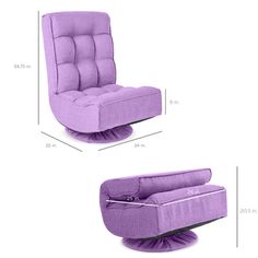 a purple recliner chair and ottoman with measurements