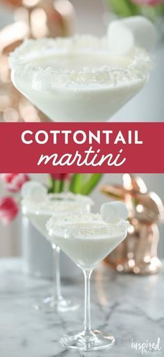 two martini glasses with white liquid in them and the words cottontail martini on top