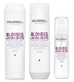 Set A, What it is: Shampoo for blonde and highlighted hair blended with microPROtec complex and Luminescine. Instantly brings out color luminosity and neutralizes unwanted yellow tones for blonde color reflections. As gentle as water, the unique FadeStopFormula minimizes the color fading with every use. Goldwell Blondes & Highlights Anti-Brassiness Conditioner works to neutralize unwanted yellow tones in the hair instantly, for blonde color reflections. The conditioner detangles the hair and provides intensive care. Goldwell Dualsenses Blonde & Highlights Brilliance Serum Spray brings out color luminosity and neutralises unwanted yellow tones for blonde color reflections. Set A Includes: Goldwell Dualsenses Blonde and Highlights Anti-Yellow Shampoo - 8.4 oz Goldwell Dualsenses Blonde and H Highlighted Hair, Intensive Care, Yellow Tones, Shampoo Conditioner, Blonde Color, Blonde Hair Color, Blonde Highlights, Shampoo And Conditioner, Hair Highlights