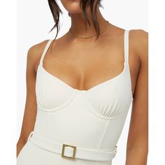 Weworewhat Danielle Underwire Crepe Knit One Piece Swimsuit Color - Off White / Ivory Size - Small Sold Size - Medium Available New With Tags / Retail Tag Attached, Manufacturer Tag Not Attached Msrp $195 This High-Leg One Piece Is Designed With Ruched Underwire Cups, Contouring Seams, A Scoop Neck Framed By Slimmer Straps, And A Belt With Gold Detailing. A Belted Waistline Brings A Flattering Design To This One-Piece Swimsuit Complete With Molded Cups. Sweetheart Neckline Ruched Underwire Cups Chic Underwire Bodysuit For Poolside, Chic White Bodysuit With Built-in Bra, White Fitted Bodysuit With Adjustable Straps, Elegant White Underwire Bodysuit, White Underwire Bodysuit For Party, Chic One-piece Bodysuit With Adjustable Straps, Swim Capris, Black Gold Necklace, Underwire Swimsuit