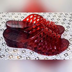 Shan He Size38 Ruby Red Wedge Jelly Sandals Hollow Heel Light Weight Super Cute Vintage Jellys Comfortable Stylish Trendy #Goth #Preppy #Punk If You Liked Jelly Shoes As A Kid Or If You Are A Kid These Are For You. New Never Worn Retro Wedge Sandals For Beach, Red Flat Wedge Sandals For Beach, Slip-on Wedge Sandals With Red Sole, Retro Red Sandals With Round Toe, Retro Red Sandals For Spring, Retro Red Heels For Summer, Red Synthetic Closed Toe Wedge Sandals, Red Closed Toe Synthetic Wedge Sandals, Red Closed Toe Wedge Sandals For Summer