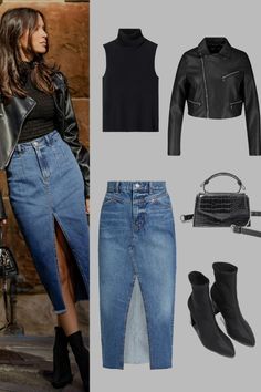 Outfit Inspo | Black Cropped Leather Jacket, Black Turtleneck Knit Top, and Plain Blue High Waist Front Split Denim Skirt, | Black Leather Side Bag and Black Heeled Ankle Boot | Outfit Inspiration | Skirt Outfit Ideas | Women Fashion Outfit Inspirations Skirt, Jean Skirt Outfits, Luxury Photography, Denim Skirt Outfits, Trendy Fall Outfits, Classy Fashion, Pinterest Fashion, Fashion Mistakes