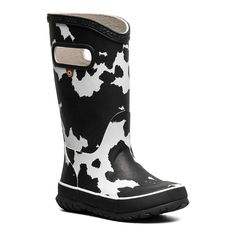 They'll love the comfort and style of these Bogs Cow Print kids' rainboots. Click this FOOTWEAR GUIDE to find the perfect fit and more!FEATURES Waterproof construction Cow print design Mid-calf silhouette Pull-on for easy on and offDETAILS Rubber upper, lining, midsole and outsole Round toe Pull-on EVA footbed Treaded sole 9-in. shaft 9-in. circumference Spot clean Imported Size: 4. Color: Black White. Gender: male.