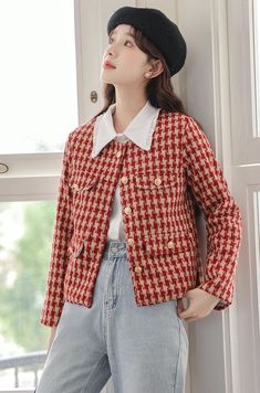 Round neck jacket made with a houndstooth tweed fabric and features stunning gold buttons and faux pockets. Lined. M: 16" across shoulders, 44.5" chest, 20.5" lengthL: 16.5" across shoulders, 46" chest, 21" lengthXL: 17" across shoulders, 47.5" chest, 21.5" length Round Neck Jacket, M 16, Shoe Gifts, Tweed Fabric, Overall Dress, Sweater Blouse, Red Jacket, Cardigan Jacket, Gold Buttons