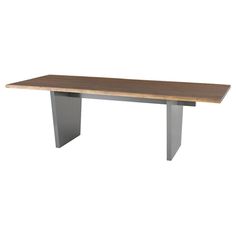 a wooden table with metal legs on a white background