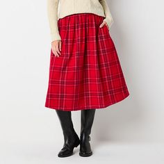 This St. John's Bay women's long flared skirt will quickly become a new holiday wardrobe favorite thanks to its bright red plaid pattern. It's crafted from 100% cotton with an elastic back waist, side pockets and a midi-length. Wear it with a shirt or sweater and ankle boots. Front Style: Flat FrontClosure Type: Elastic BackPockets: 2 Side Slip PocketsRise: At WaistApparel Length: 30 Inches - FrontFiber Content: 100% CottonFabric Description: Plain Weave, Woven, CorduroyLining: UnlinedSkirt Leng Long Flared Skirt, Flared Skirts, Wardrobe Ideas, Gray Sweater, Gray Skirt, Flared Skirt, Body Style, Plain Weave, Red Plaid