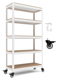 a white shelf with three shelves on wheels and one black object in the middle of it