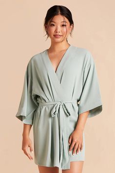 A modern bridesmaid robe in Sage that's perfect for weddings, sleepovers and bachelorette parties. HERE'S ONE FOR THE MINIMALISTS. MAKE IT EXTRA SPECIAL WITH YOUR BRIDESMAIDS' NAMES EMBROIDERED ON THE BACK. | Sage Getting Ready Georgette Size XS/S | Birdy Grey Karen Robe The Minimalists, Modern Bridesmaid, Birdy Grey, Kimono Sleeves, Dress Order, Bridesmaid Robes, Bridal Suite, Bachelorette Parties, Post Wedding