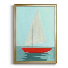 a painting of a red sailboat floating in the ocean on a blue sky background