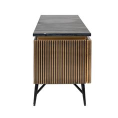 the side table is made from wood and has a black marble top on one end