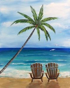 two beach chairs facing the ocean with a palm tree