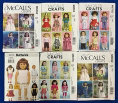 four sewing patterns for doll clothes and clothing, with instructions to make them look like they are