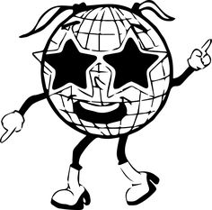 a black and white drawing of a cartoon globe with stars on it's face