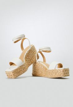 Material: Faux Leather/Raffia Heel Height: 3.75" Platform Height: 2.0" Measurements will vary slightly Closure: Adjustable Buckle Imported Nude Platform Heels, Platform Pumps Heels, White Espadrilles, Wide Width Boots, Espadrilles Platform, Wide Width Shoes, Shoe Inspo, Wide Calf Boots, Espadrille Wedge