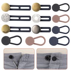 several different types of buttons and clips on a pair of jeans with the same button